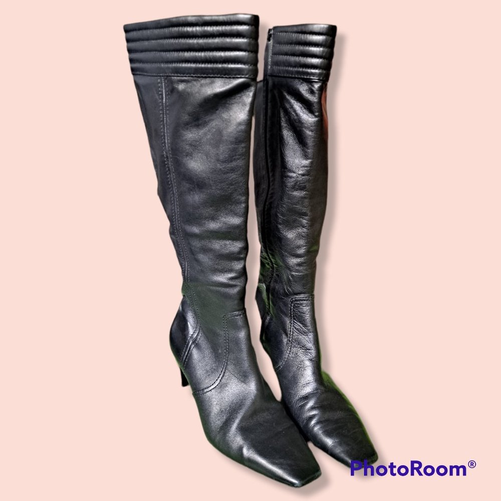 Cole Hann black, knee high boots, zip up, mid heel